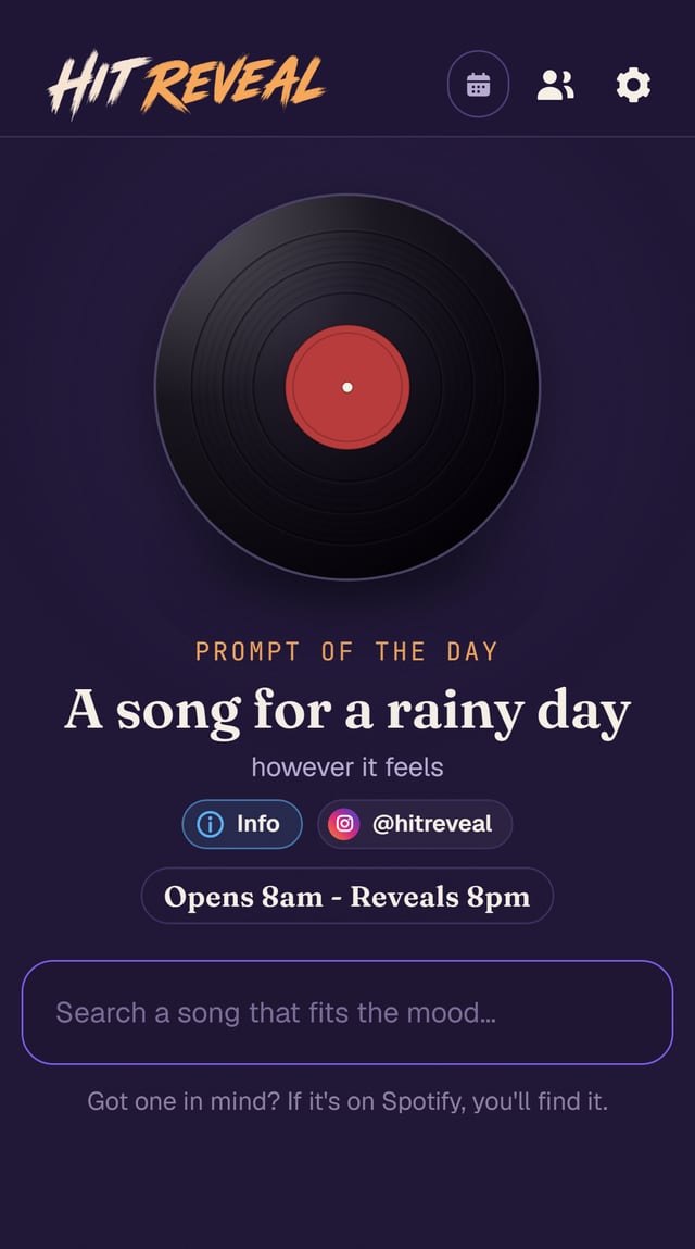 The Hit Reveal home screen: today's prompt under a spinning record
